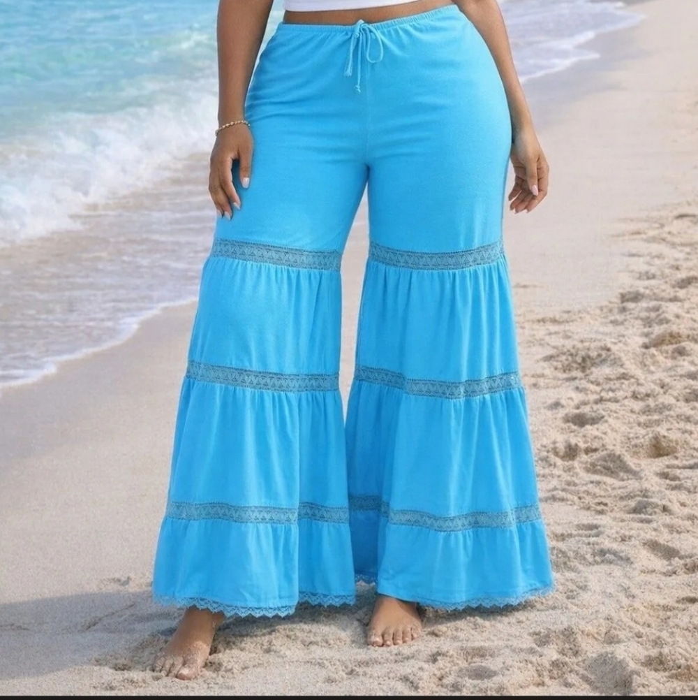 Bohemian Style Blue Lace-Trim Wide Leg Pants Fits Small-2x
